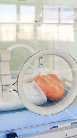 newborn mannequin for training. medical training on simulation mannequin baby. doll laying at the incubation department. vertical video