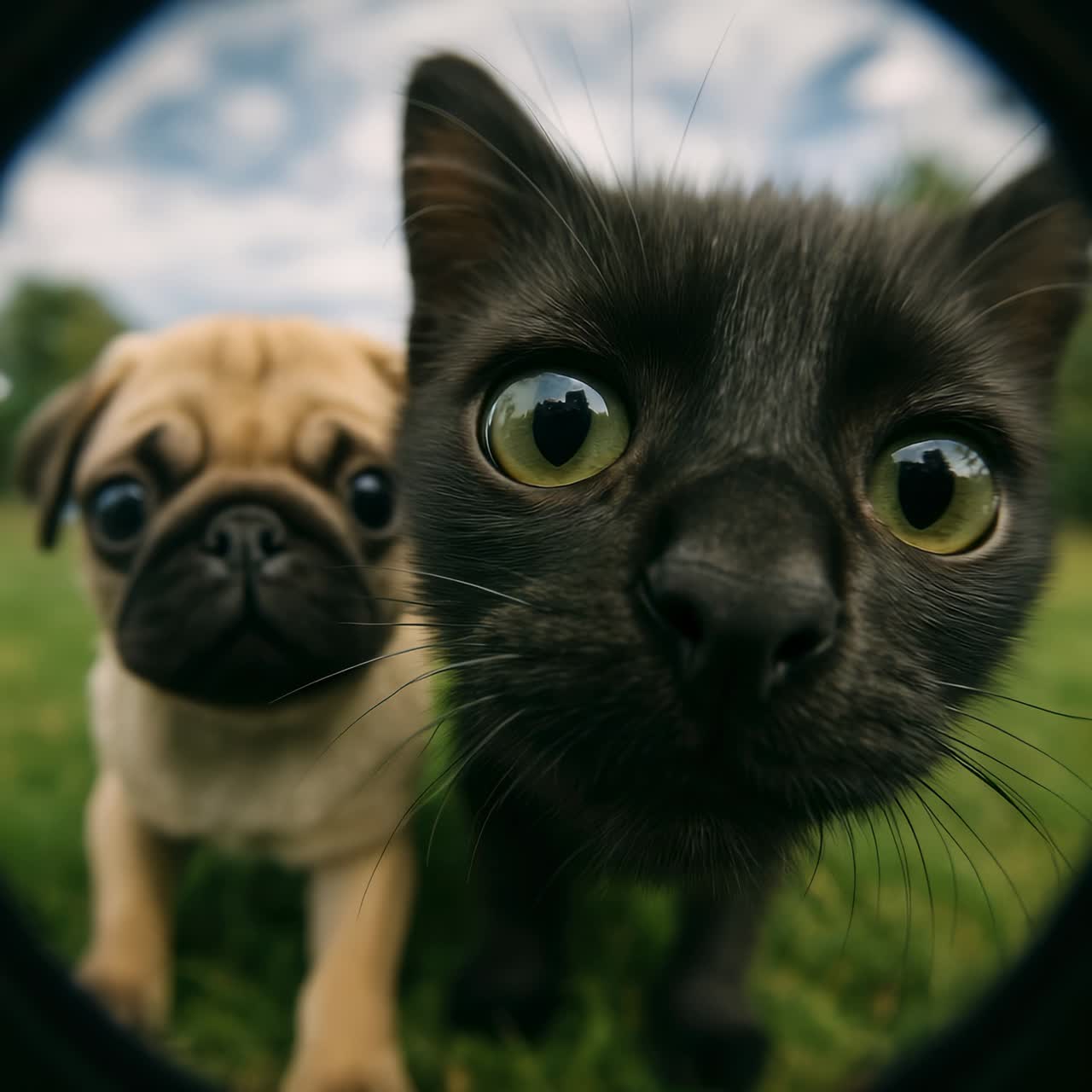 Uma lente olho de peixe divertida captura um gato e um pug curiosos bem de perto, criando um efeito divertido