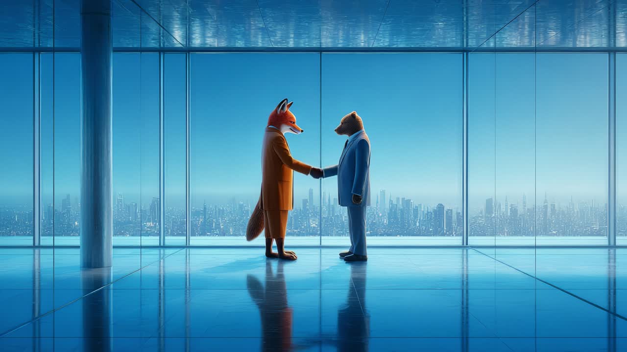 Un momento affascinante si rivela in un moderno ufficio con pareti di vetro, dove una volpe in un abito arancione incontra un orso in un abito blu, a simboleggiare partnership e unità sullo sfondo di uno skyline mozzafiato
