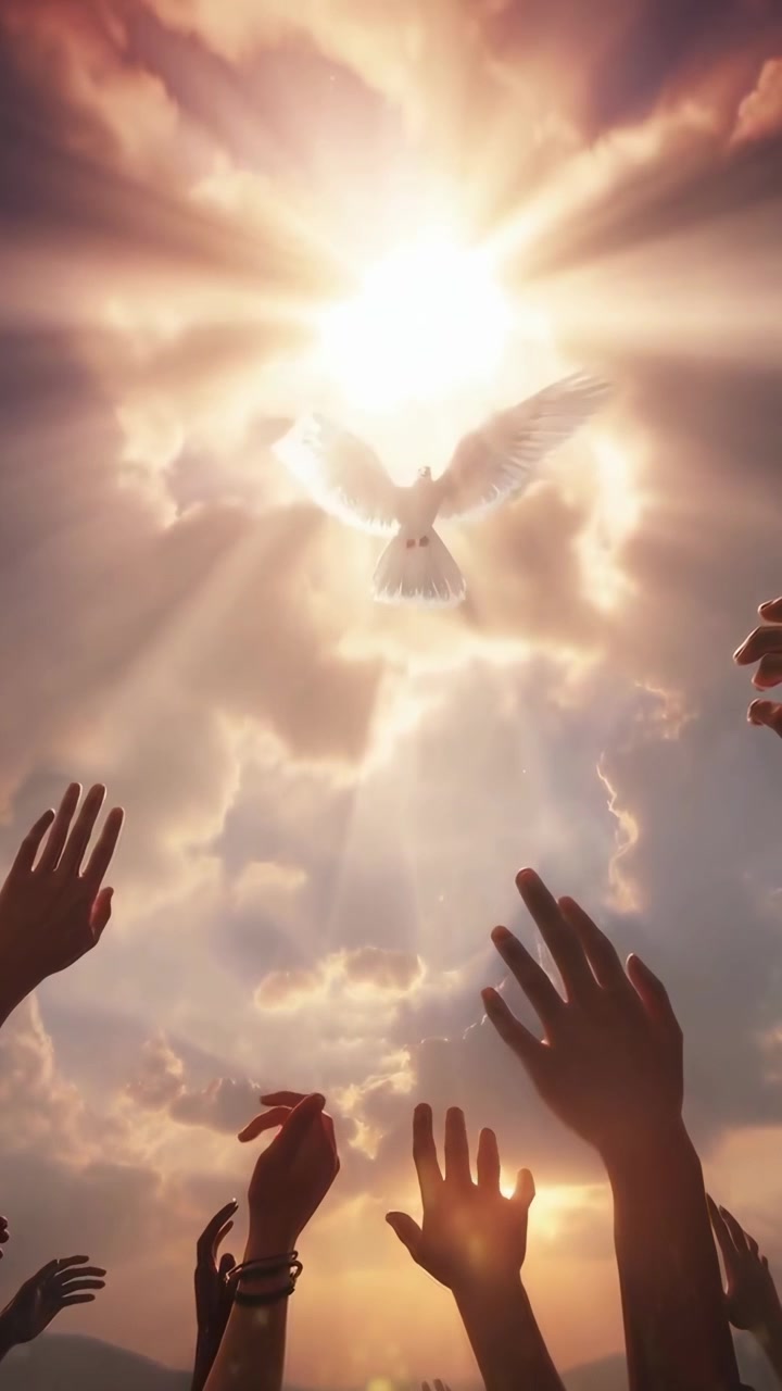 Mani che si protendono verso un cielo luminoso con una colomba in discesa