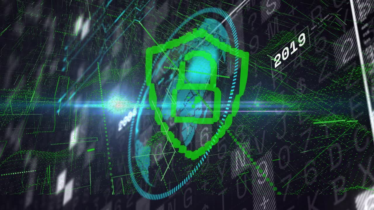Green shield emerging on waveform spike, growing, pulsing, centering, visualizing security timeline