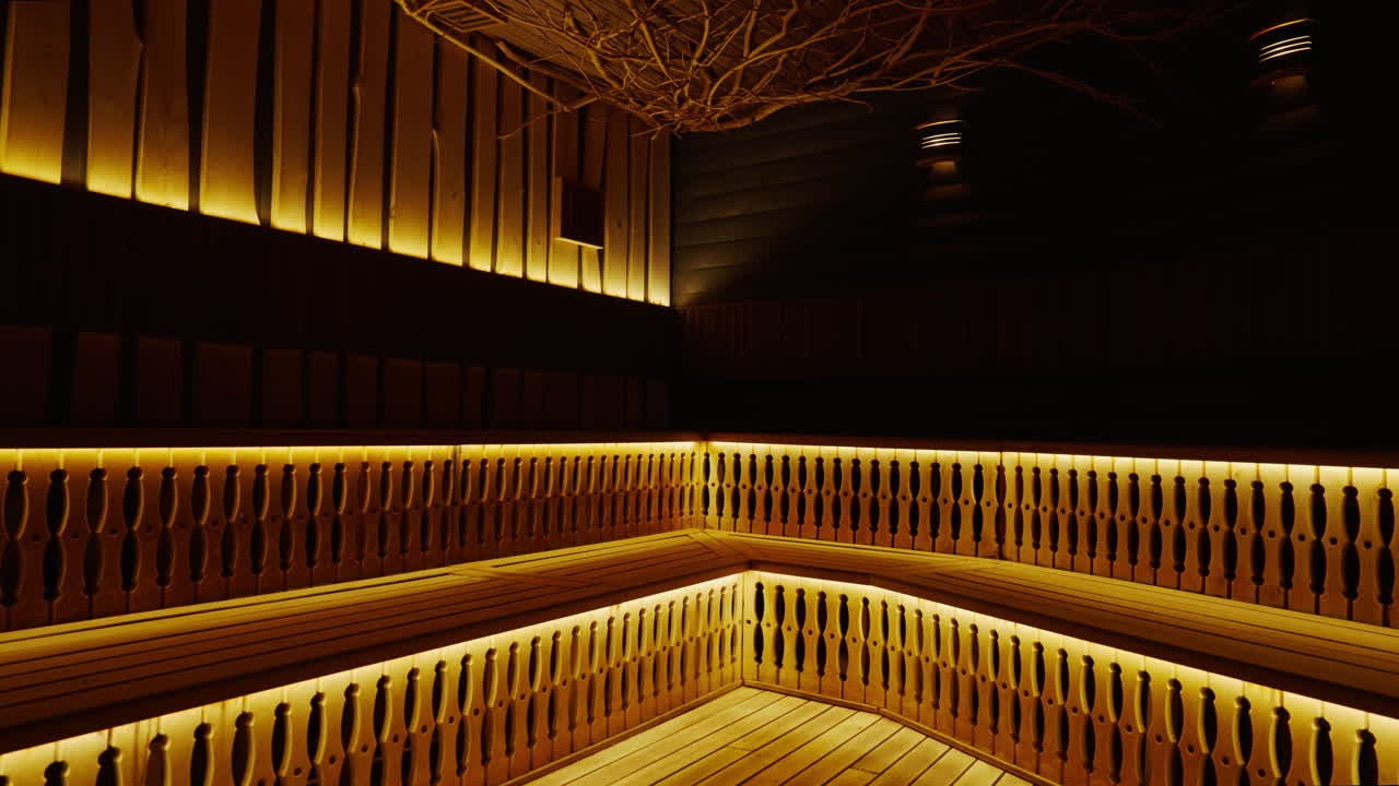Stylish Wooden Sauna with Warm Lighting