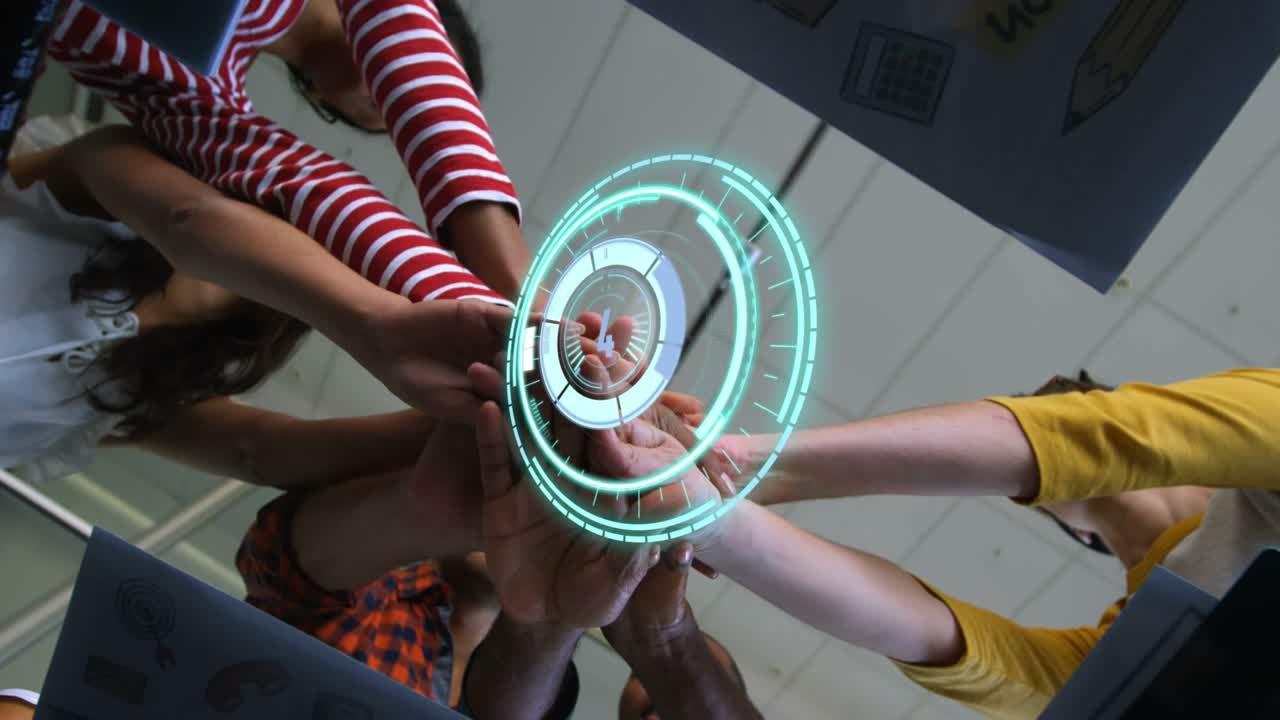 Animation of scope scanning over diverse group of business people teaming up