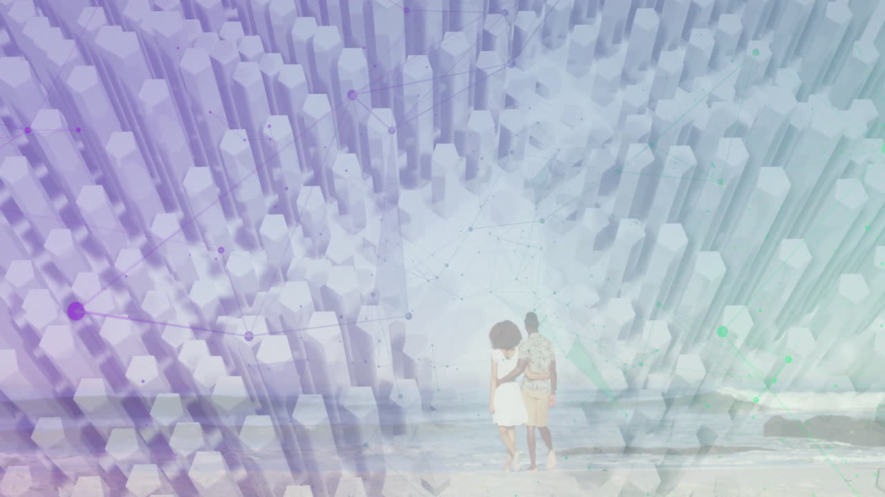 Walking on beach, children with animation of abstract geometric shapes in background