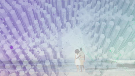walking on beach, children with animation of abstract geometric shapes in background