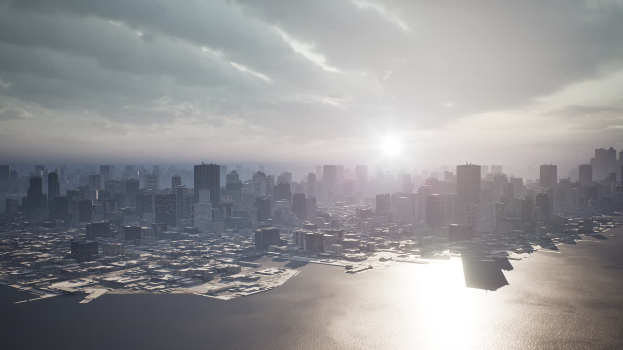 해가 지는 시점 에 초고층 건물 들 이 있는 스카이라인 공중 뷰