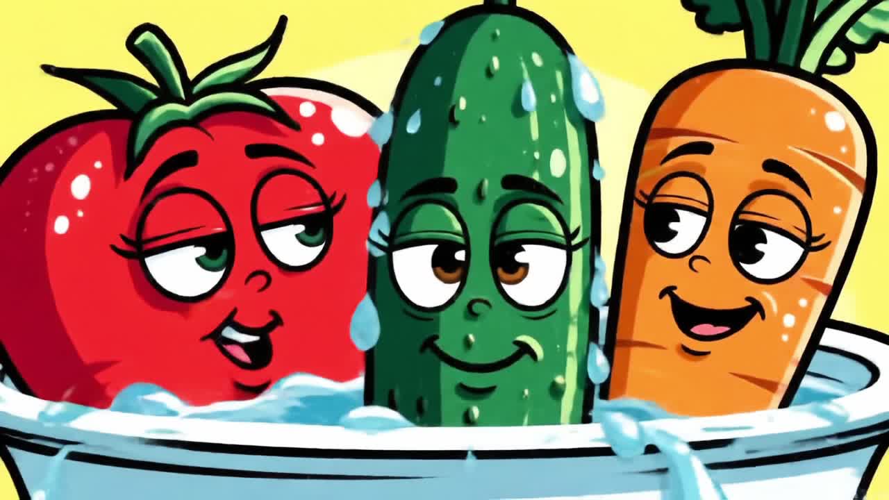 A playful interaction between a tomato, cucumber, and carrot in a bowl with water, showcasing their humorous expressions and vibrant colors against a bright background
