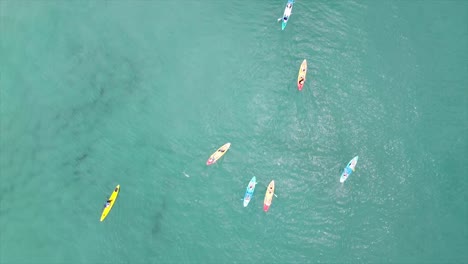 impresionante vista aérea de arriba hacia abajo de kayaks que se deslizan a través de las aguas cristalinas del mar