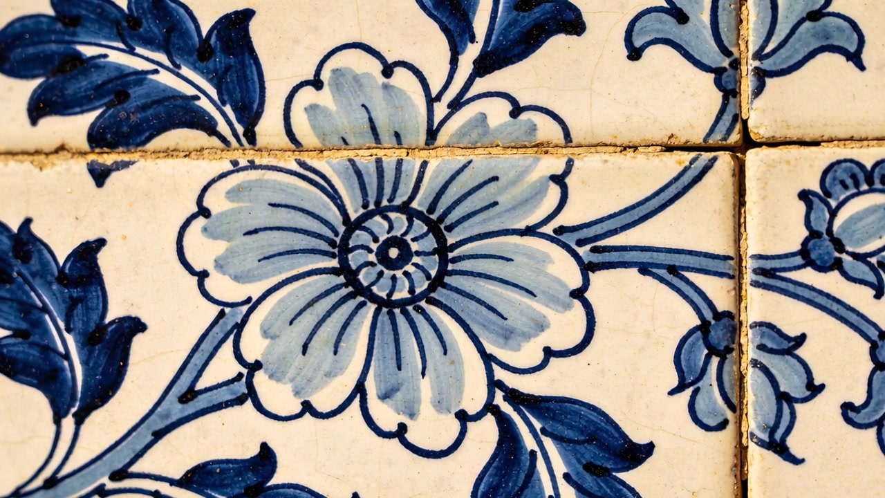Câmera em movimento revelando azulejos cerâmicos florais azuis na parede do corredor, mostrando as linhas do rejunte, rachaduras e manchas.