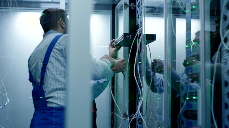 Two male technicians working in a data center