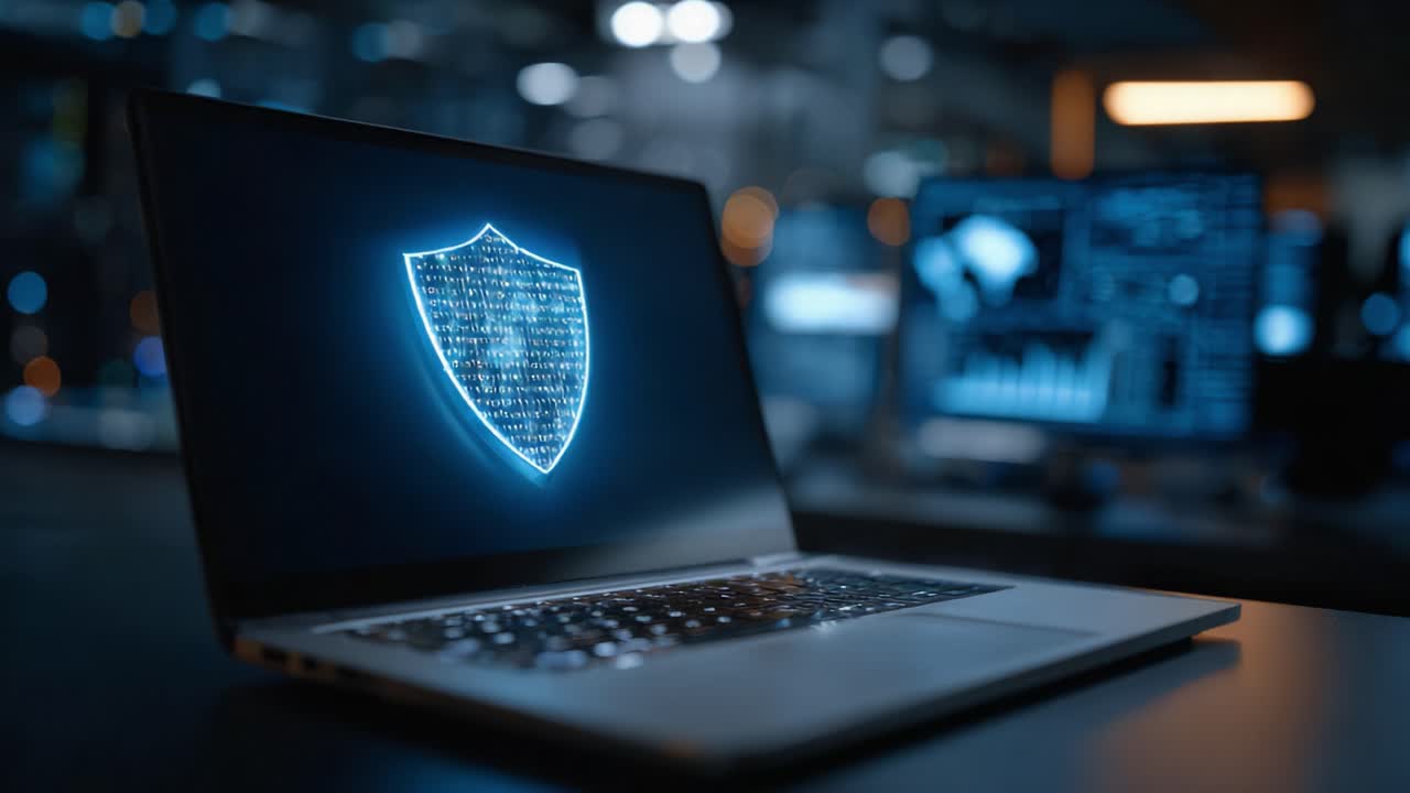 A Vibrant Display of Cybersecurity: A Laptop Showcasing a Digital Shield Icon Symbolizing Protection Against Online Threats in a High-Tech Environment