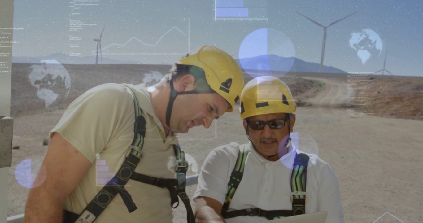 Two techs arriving wind farm, reading plan, pointing as data overlays on plan, planning repairs