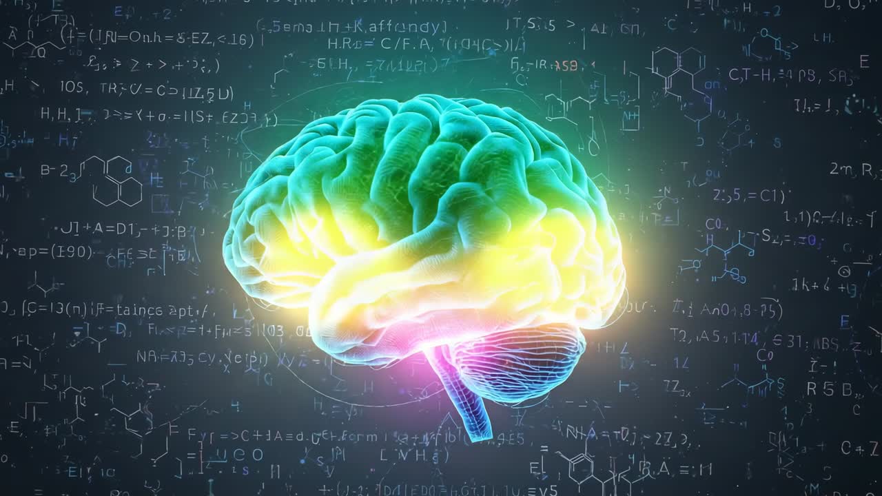 Glow emerging, 3D brain model rotating and pulsating colorful highlights in lab, chemical overlay