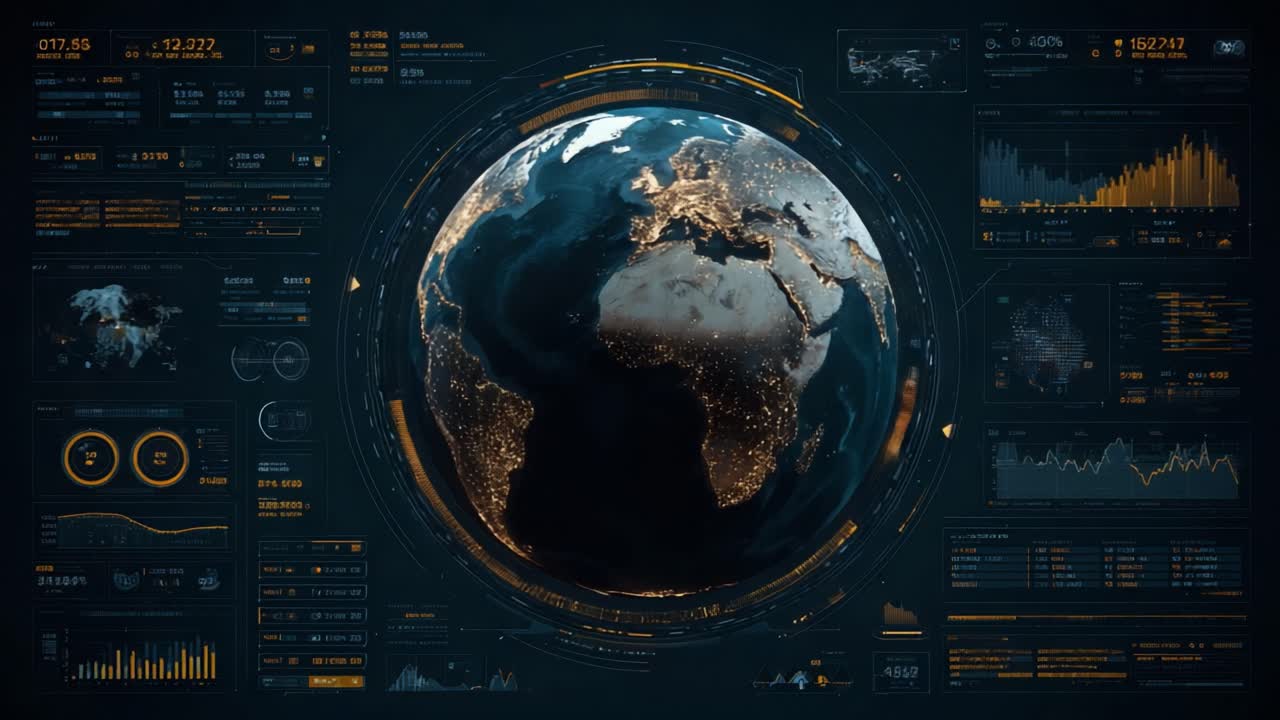 Visual Representation of Earth with Interactive Data Analytics and Statistical Dashboard Featuring Illuminated Regions and Global Metrics Analysis