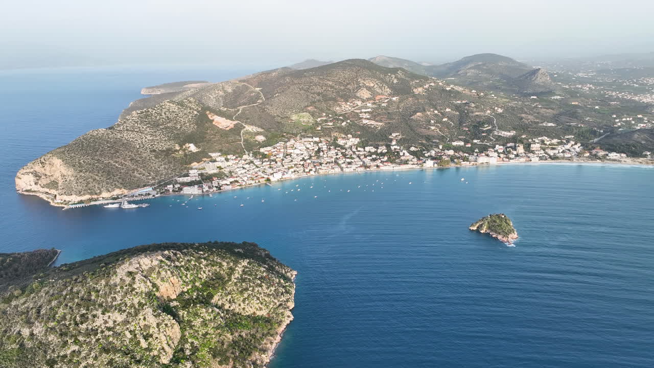 Drone flight approaching the Greek village of Tolo in the Peloponnese