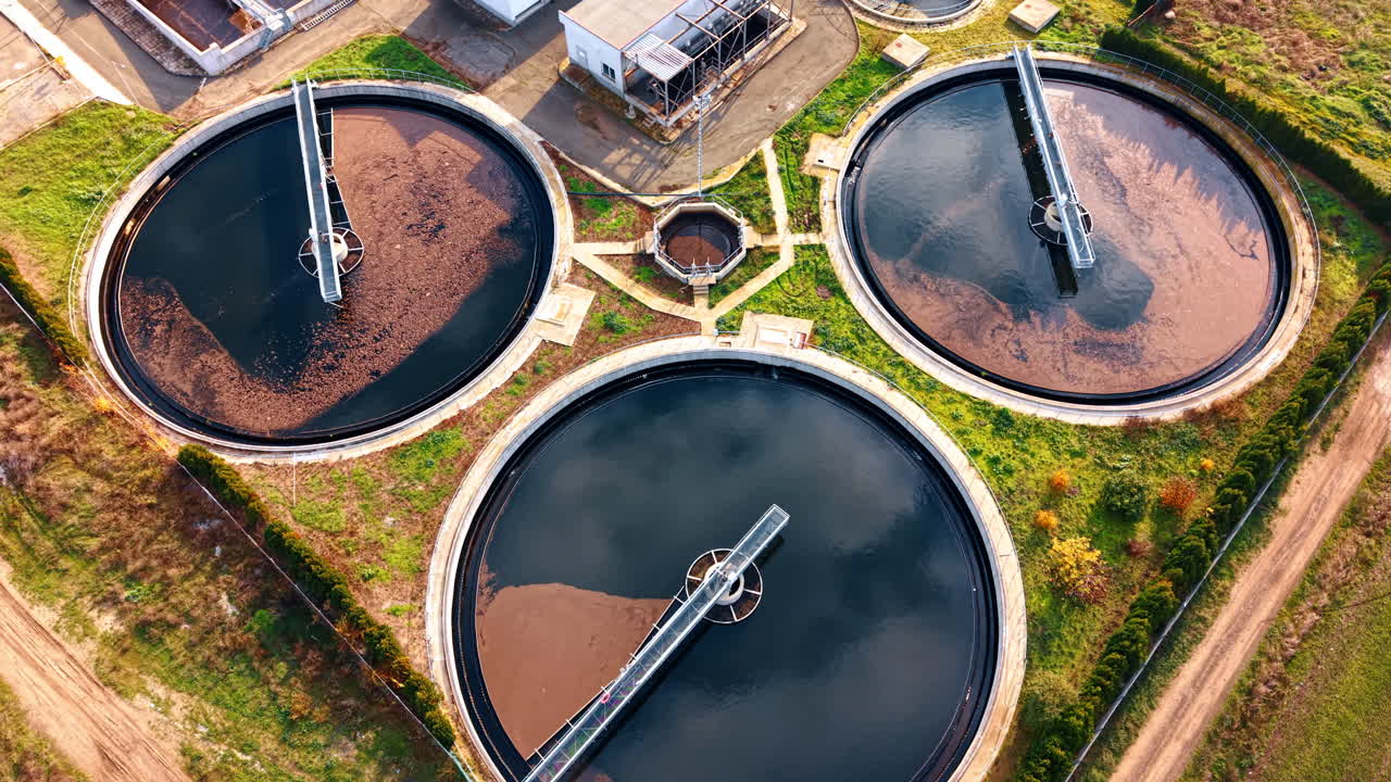 Large-scale industrial water treatment plant reservoirs. Waste water purifying and recycling for accordance to health standards