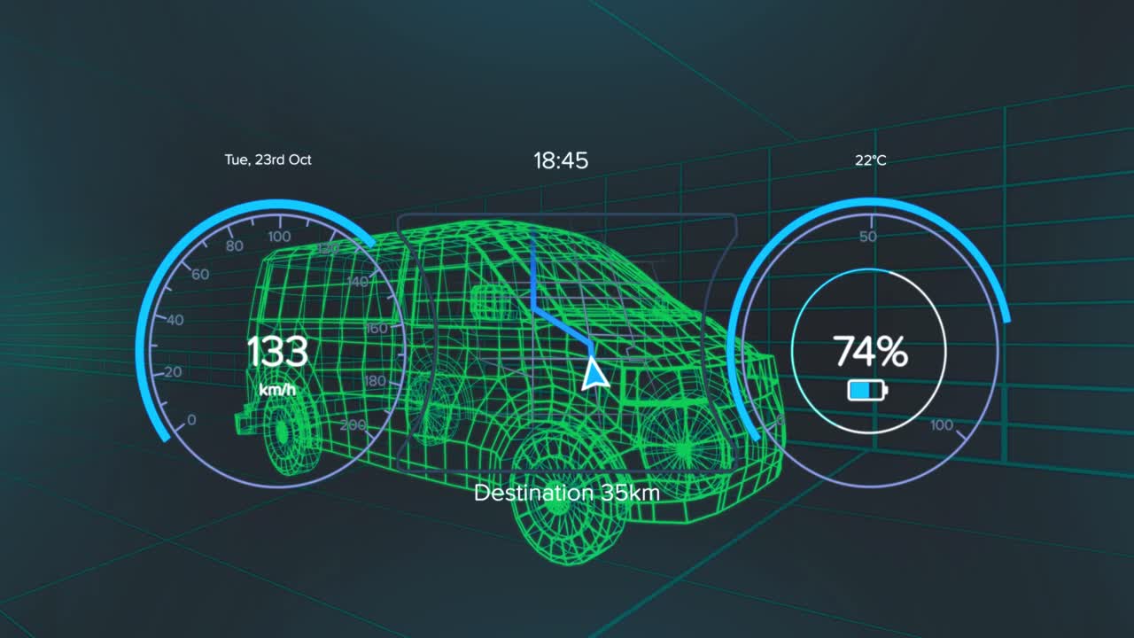 animación de un modelo de coche 3d y una cuadrícula sobre un fondo oscuro