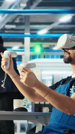 vertical video photovoltaics factory engineer analyzing data using vr headset