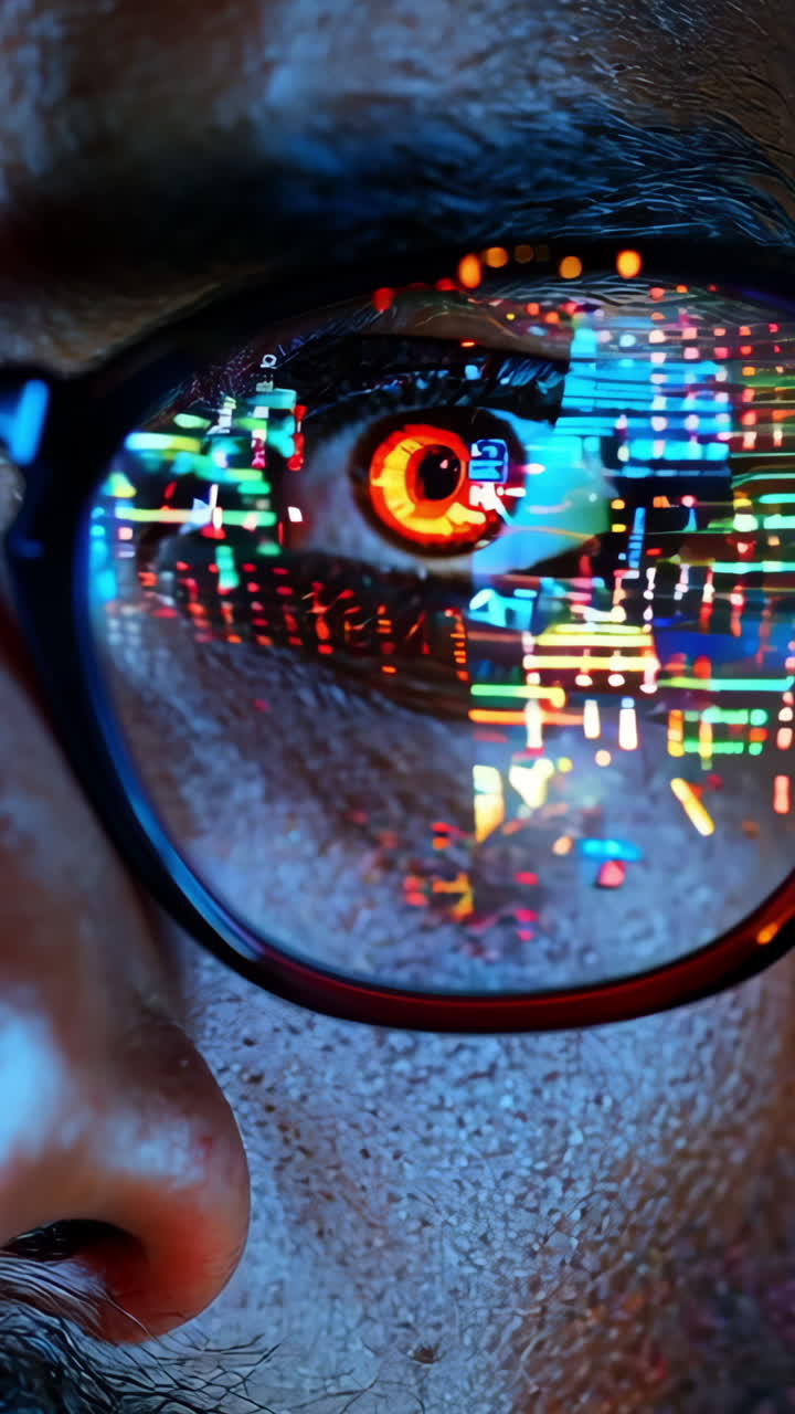 A man with glasses is staring at the camera. The image has a futuristic feel to it, with the man's eyes glowing in the dark