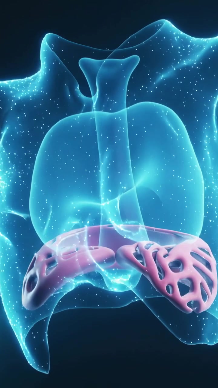 縦型動画：胸部で、肺、気管、粒子の下にあるピンク色の臓器が回転し、その葉が明らかになる様子を映し出す。