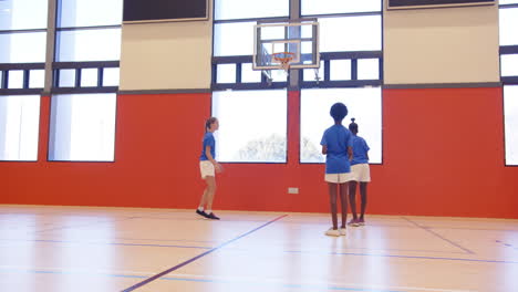 playing basketball in school gym, kids shooting hoops and having fun