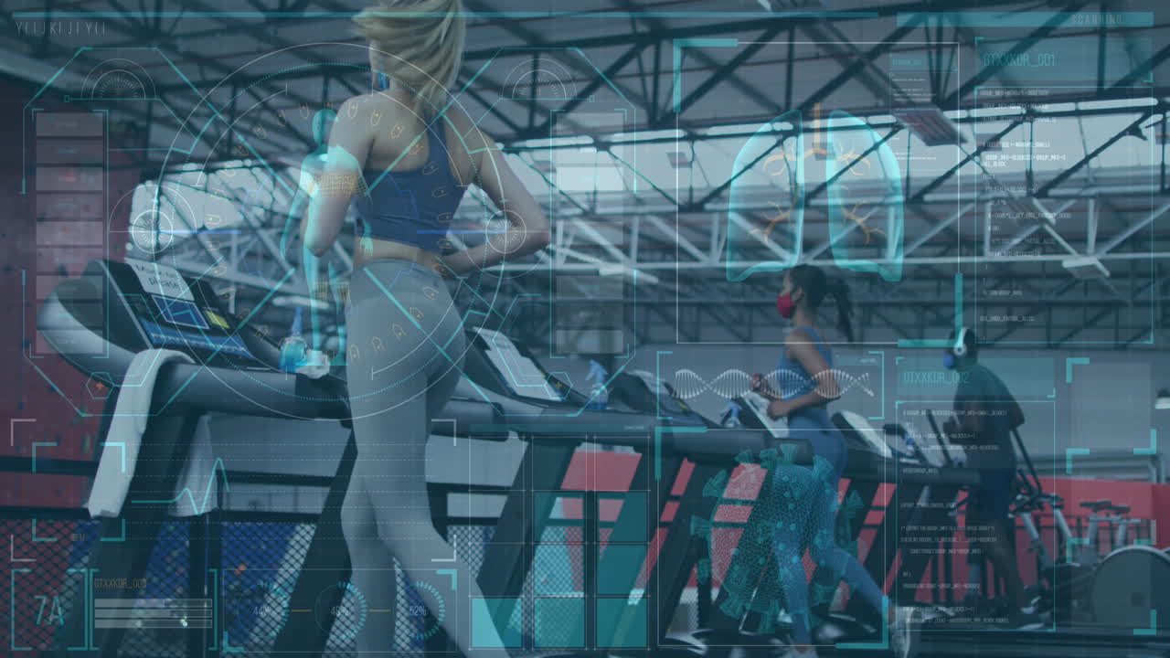 체육관에서 트레드밀을 달리는 건강한 사람들과의 의료 데이터 처리와 디지털 인터페이스