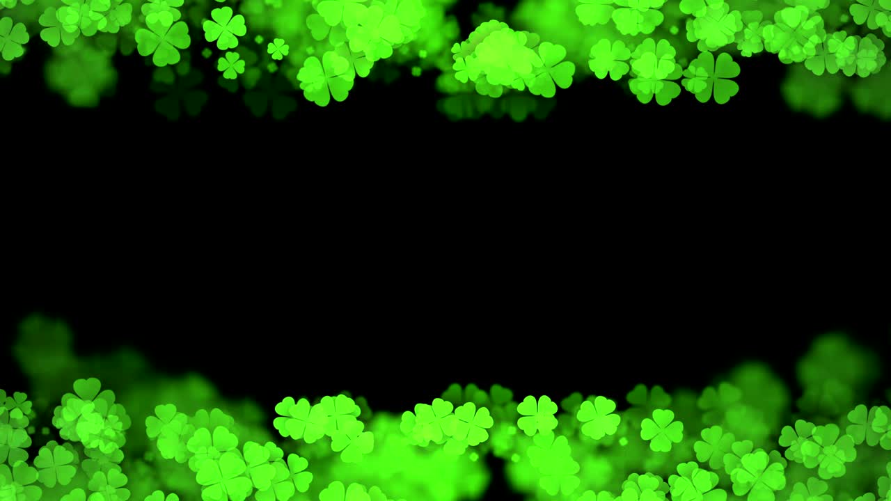 추상적인 보케 빛, 반이는 클로버 4 잎 패턴, 어두운 배경에 초록색 일러스트레이션, 원활한 루핑 애니메이션, 중앙 복사 공간과 함께 4k