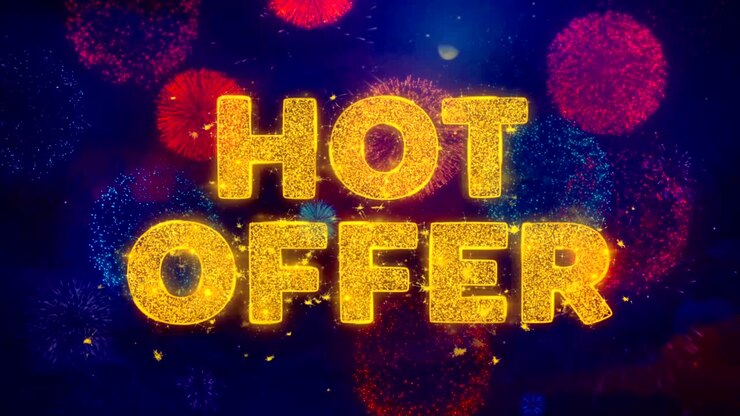 Hot Offer Text on Colorful Firework Explosion Particles.