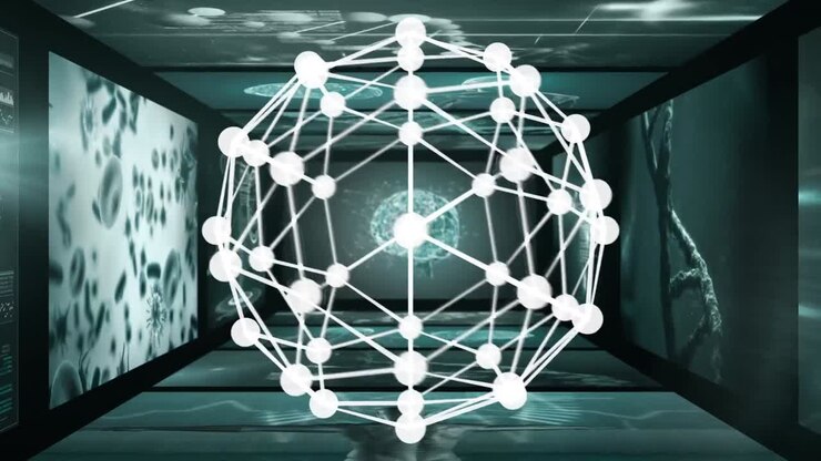 Animation of data processing and spots on black background