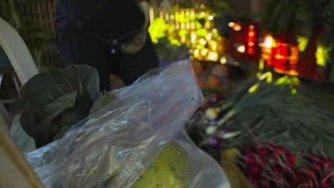 organic farm hand bagging up freshly harvested vegetables for sale at the market