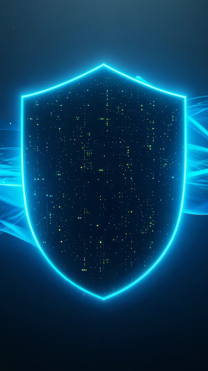 Vertical video: Outline sparking cyan shield forming matrix on tech stage with ribbons for defense