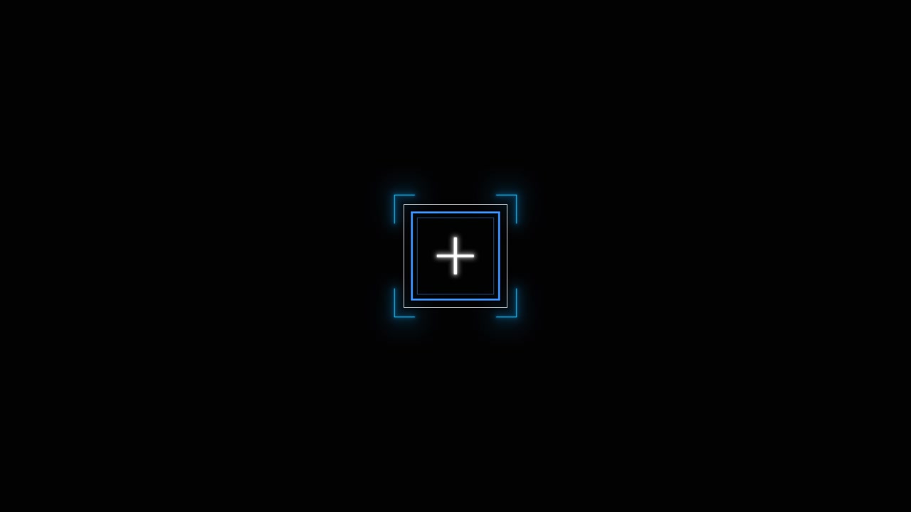 Glowing plus icon ui visual with layered blue squares bright white add symbol and clean black copy