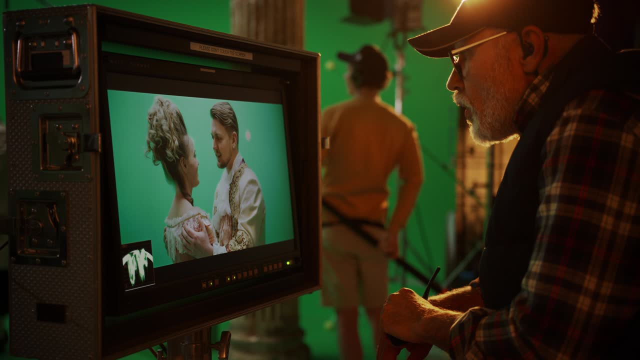 감독이 디스플레이 컨트롤을 쳐다보는 시기 드라마 영화 촬영. 르네상스 의상을 입은 배우들과 함께 그린 스크린 cgi 장면. 큰 영화 스튜디오 전문 승무원들이 높은 예산 영화 촬영.