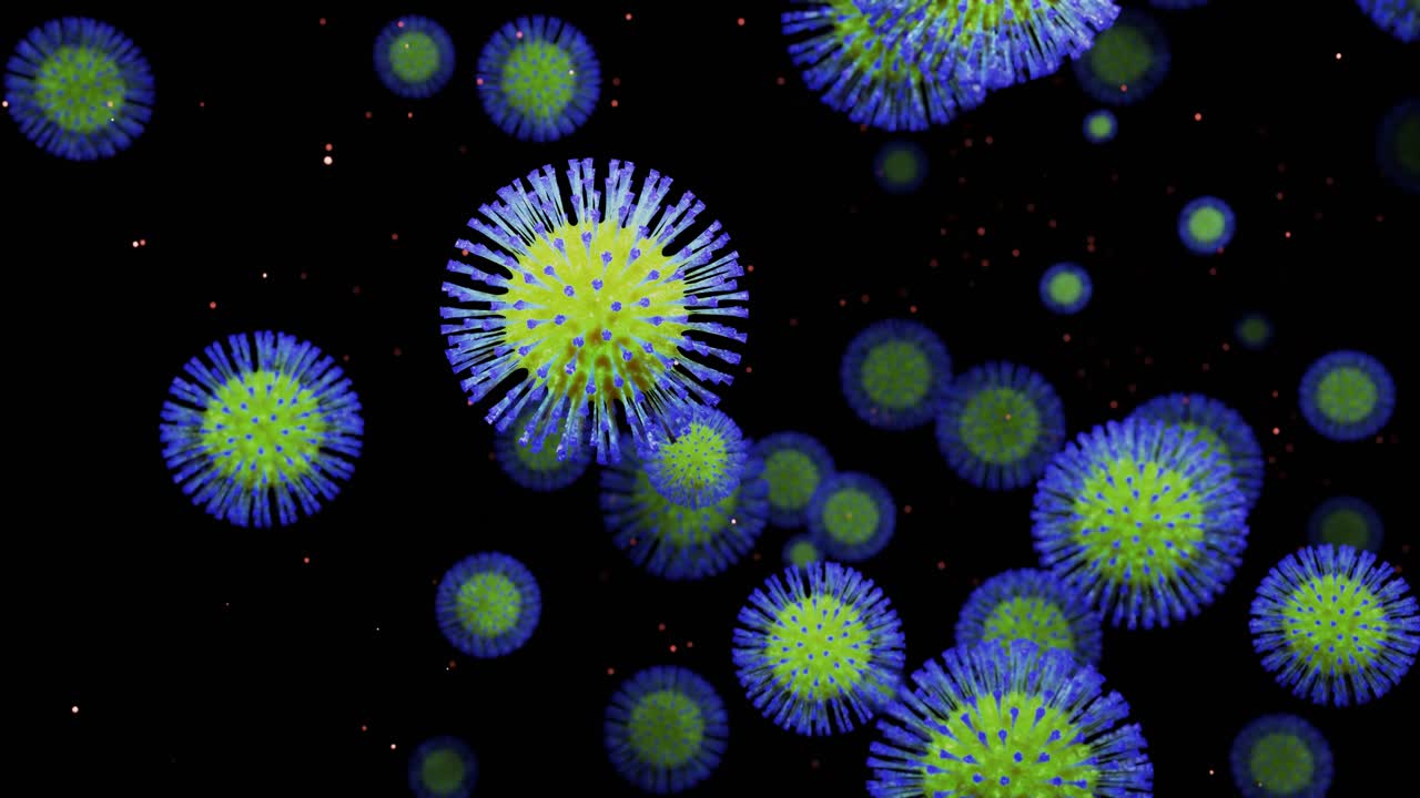 close-up coronavirus type covid-19, h1n1, bird flu or swine flu move smoothly in fluid 3d representation of virus as microbiological microscopic looped background. Blue yellow gradient color