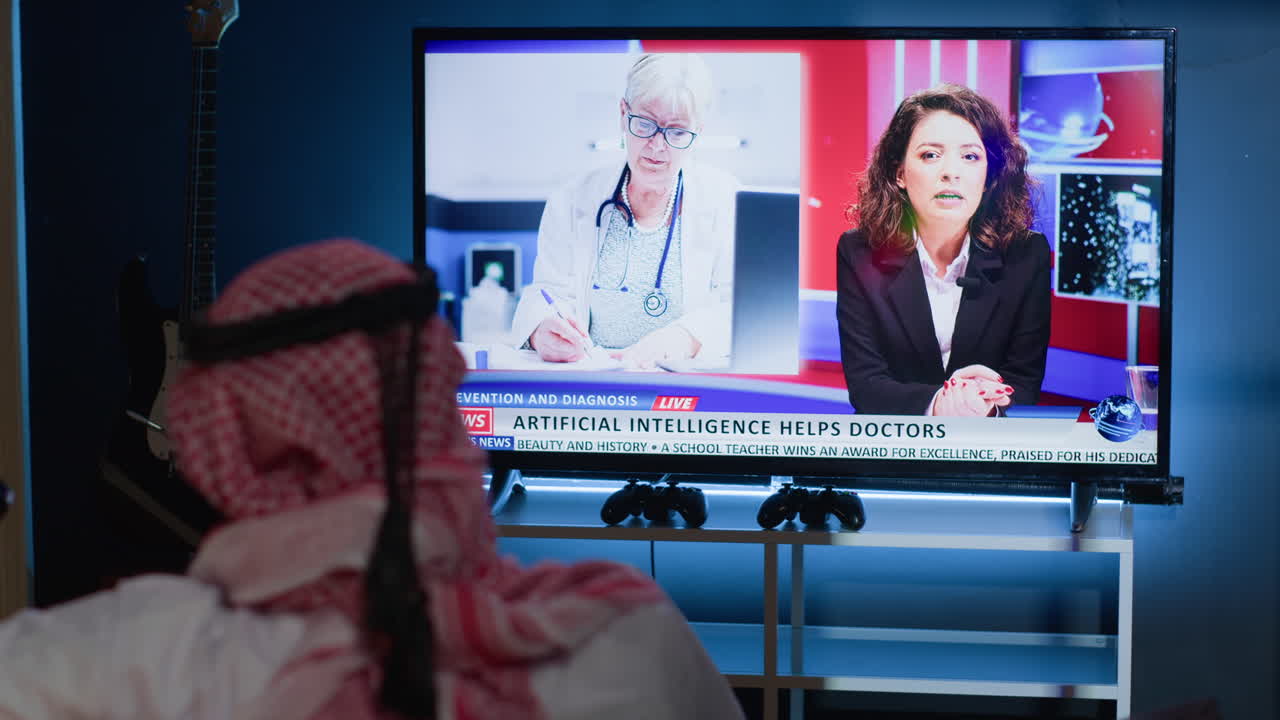 아이에 대한 뉴스 기사를 보는 남자