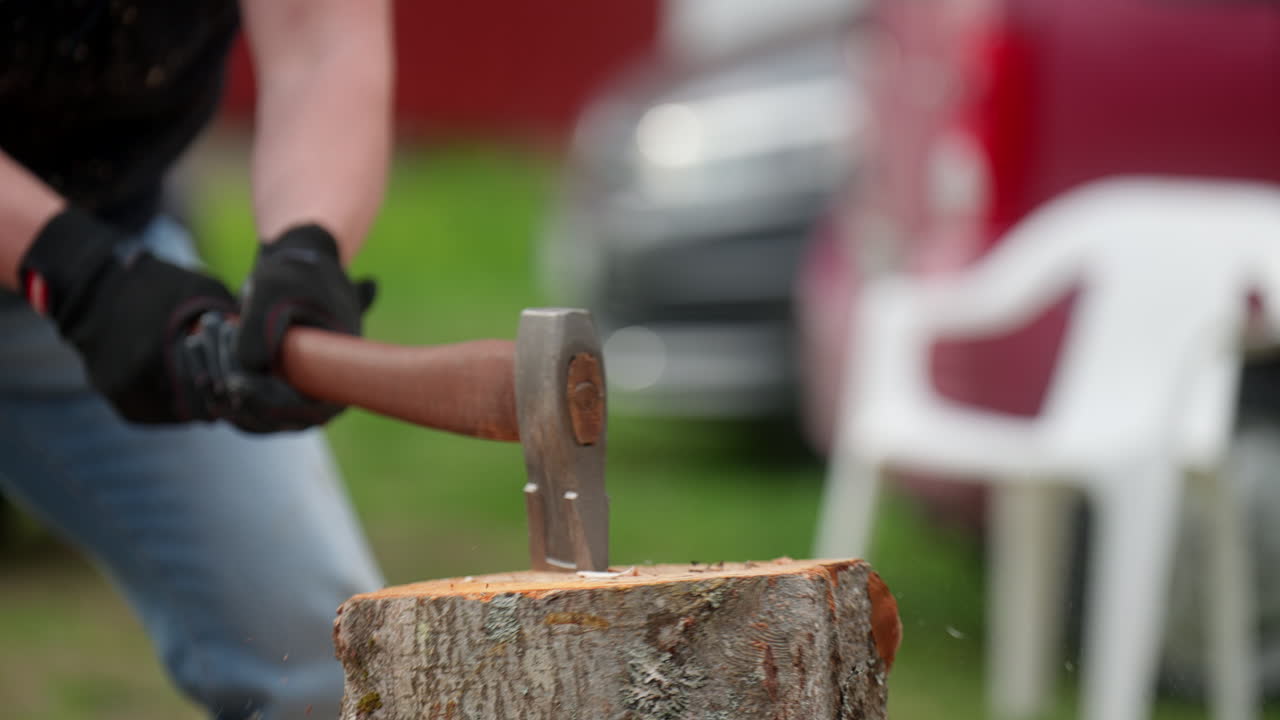 Slow Motion Scenery, Manual Labour Tasks, Striking Axe Impact Split