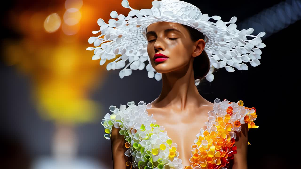 A Stunning Fashion Showcase Featuring a Model in a Vibrant Dress Made of Colorful Accessories and a Unique White Hat, Capturing the Essence of Contemporary Style and Creativity