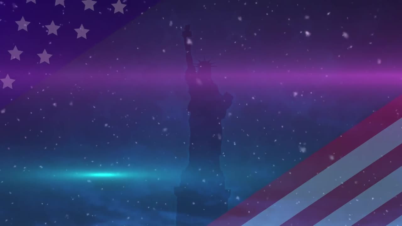 animación de la estatua de la libertad, fuegos artificiales sobre la bandera de los estados unidos