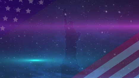 animation of statue of liberty, fireworks over flag of usa