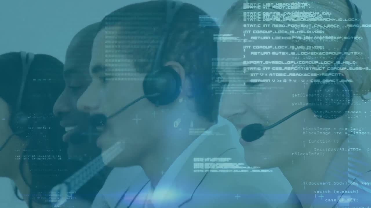 Animation of group of multi-ethnic call centre workers wearing headsets and using computers in offic
