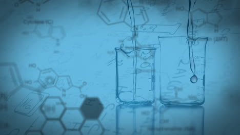 animation of molecule structures over liquid falling in laboratory flask against blue background