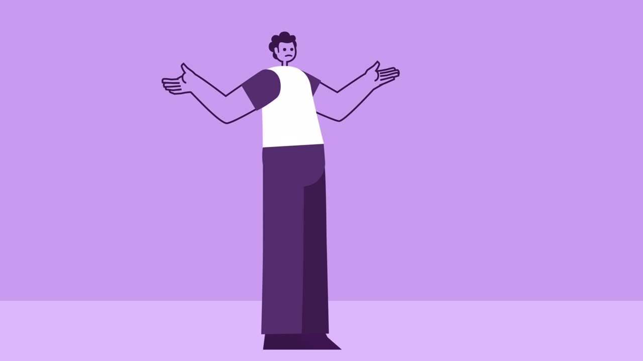 Purple Style Man Flat Character Spreads His Arms and Shrugs. Isolated Loop Animation with Alpha Channel