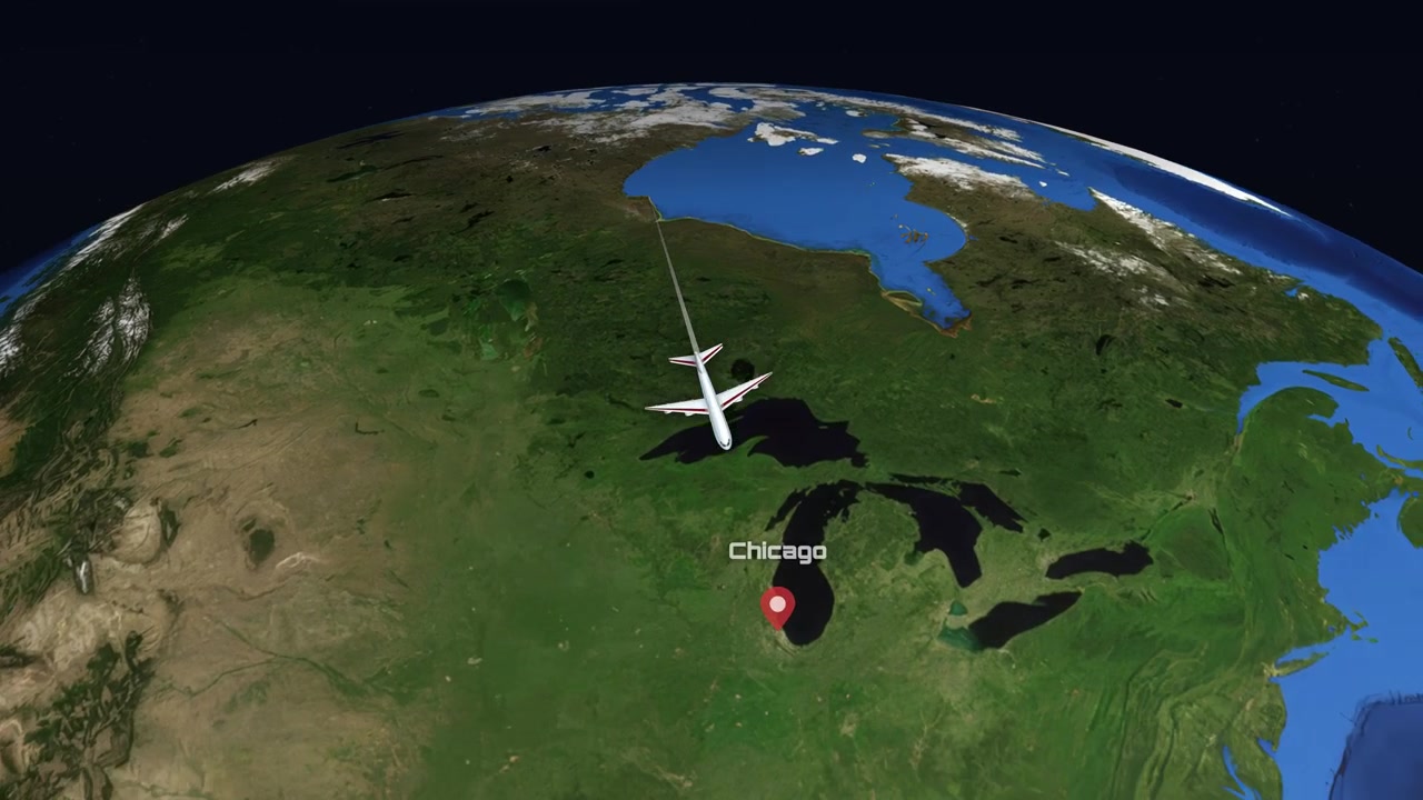 A commercial airplane flies across a realistic 3D globe from Bangkok to Chicago with labels