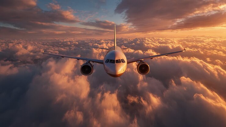 Captivating Aerial View of a Jet Airplane Gliding Through the Majestic Clouds Underneath a Stunning Sunset Sky, Showcasing Modern Aviation Technology and Nature's Beauty