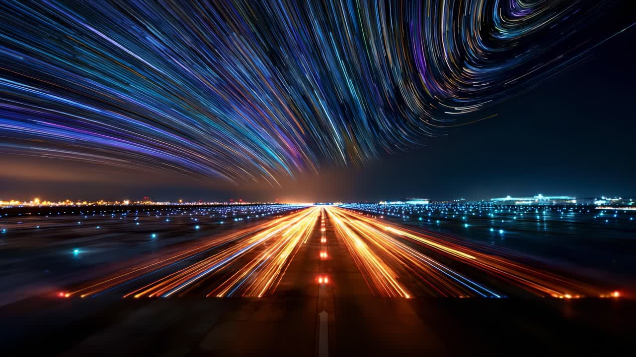 A breathtaking display of motion and light above a runway, showcasing vibrant star trails juxtaposed with illuminated airplane lights, representing the intersection of nature and technology