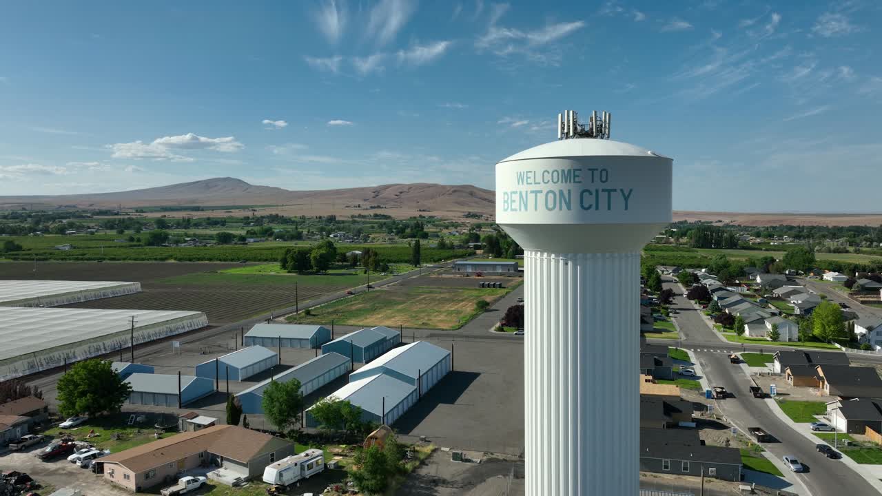 Aerial shot of Benton City's water tower with storage units sitting underneath