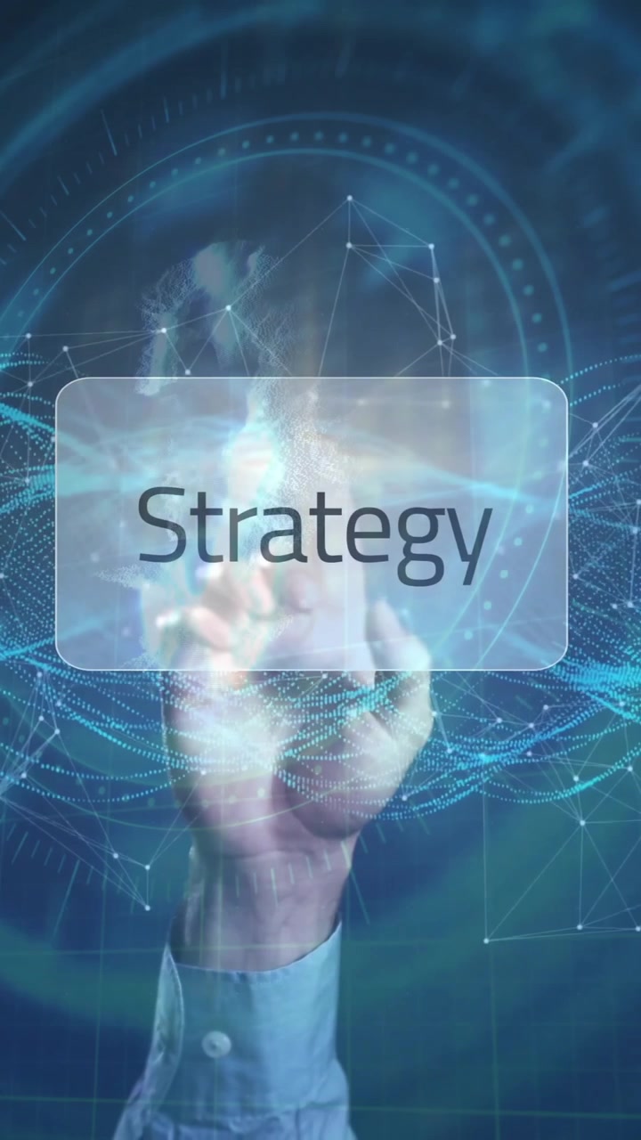 Text animation over digital waves and network connections, illustrating strategy