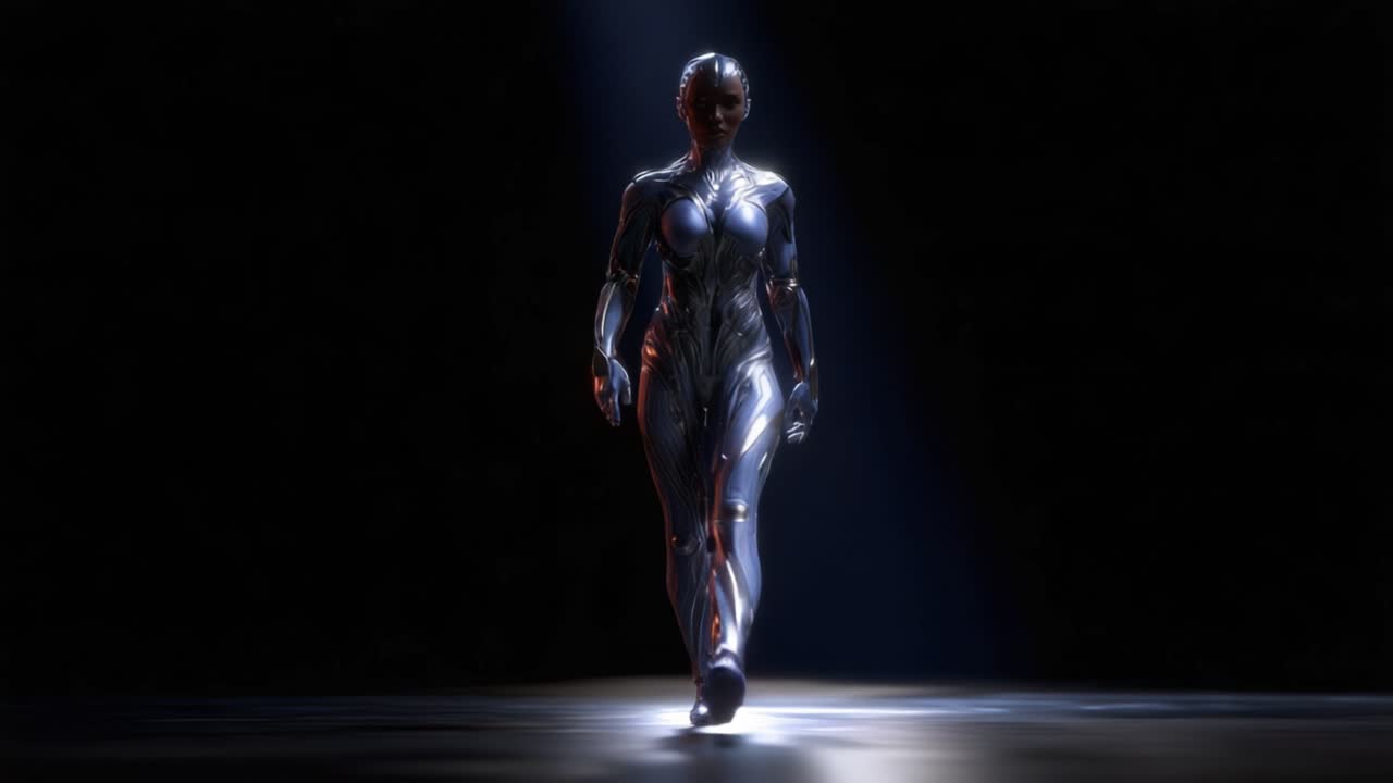 A Futuristic Metallic Figure Walks Confidently Under a Spotlight in a Dark Environment, Showcasing Advanced Technology and Impeccable Design Elements