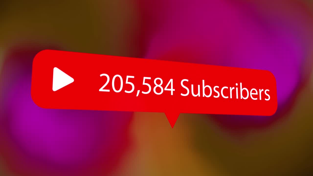 animación del recuento de suscriptores de redes sociales y aumento del número en rojo, sobre púrpura borroso