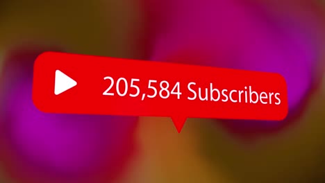 animación del recuento de suscriptores de redes sociales y aumento del número en rojo, sobre púrpura borroso
